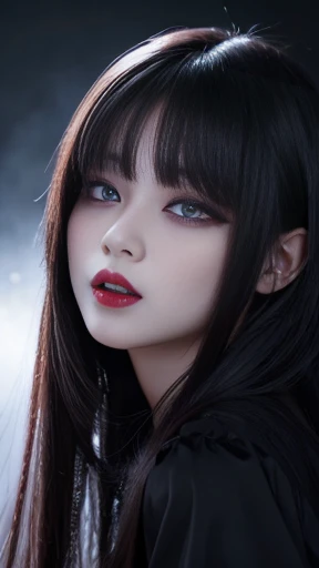 highest quality、masterpiece、8k、Award-winning works、Hyperrealism、Vampire Princess、、Photographing faces with beautiful composition、The most detailed and beautiful face、Cold look、look at me、Long eyelashes、Creepy Makeup、Black lipstick、purple eye shadow、Beautiful glossy lips、Top quality ultra HD skins、The most detailed eyes、High quality black camisole、Pitch black background、dark、Beautiful long hair、(Glowing Eyes、Sharp Fangs、Bloody mouth)