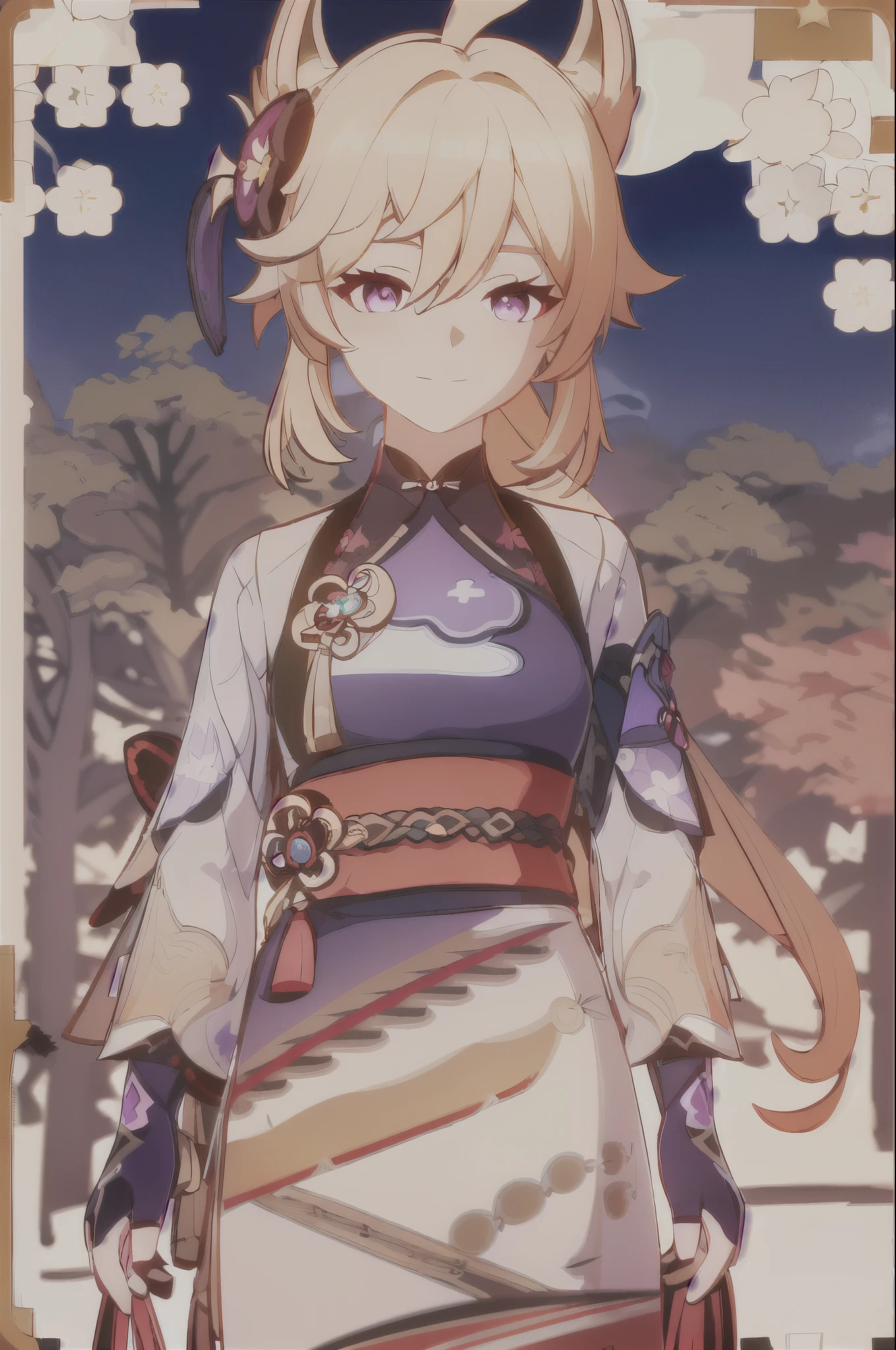 masterpiece, best quality, ((genshin impact character)), 1girl, solo, purple eyes, blonde hair, looking at viewer, ((long blonde hair)) upper body, hair ornament, black gloves, white with red patterned kimono, shirt, fox ornament, bangs, blonde hair, closed mouth, star \(symbol\), collared shirt, fox tail, walking in the woods.