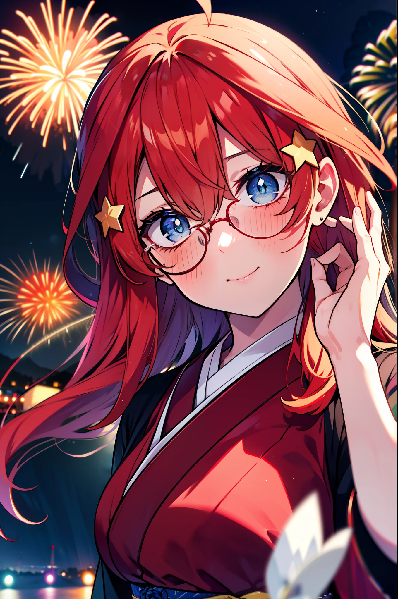 itsukinakano, Itsuki Nakano, bangs, blue eyes, Hair between the eyes, Ahoge, Redhead, star \(symbol\), hair ornaments, star hair ornaments,Akagi glasses,smile,blush,Happy atmosphere,Open your mouth,Long Hair,Tie your hair back,Red Japanese style,Red Hakama,White tabi,Sandals,night空の花火,Fireworks display,Japanese Festivals,Summer festival food stalls,night,イラストにwhole bodyが入るように, night
break outdoors, shrine, break looking at viewer,whole body,(Cowboy Shot:1. 5)
break (masterpiece:1.2), highest quality, High resolution, unity 8k wallpaper, (shape:0.8), (Beautiful and beautiful eyes:1.6), Highly detailed face, Perfect lighting, Highly detailed CG, (Perfect hands, Perfect Anatomy),