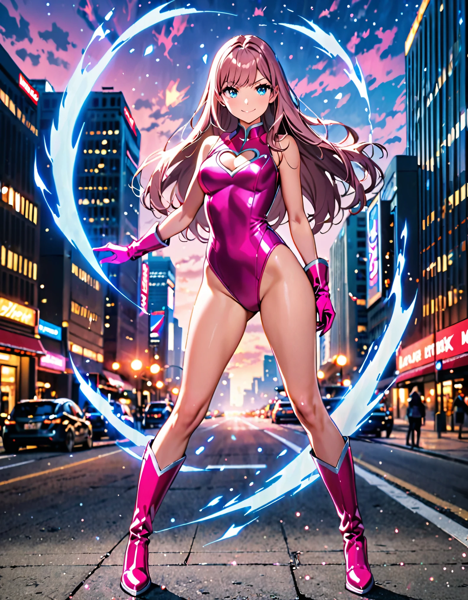 masterpiece, best quality, highres, 1girl, solo, superhero, leotard,  legs, matching boots, aura, blue aura, sleeveless, looking at viewer, light particles, city backdrop, perfect hands, perfect eyes, powering up, perfect leotard, perfect legs, perfect arms, perfect fingers, , pink leotard, standing, ((blonde hair, long hair, bangs)), knee boots, blue eyes, heart cutout, cute face, hair down, sleeveless, pink gloves, pink footwear, cleavage cutout, smile, full body with costume :d