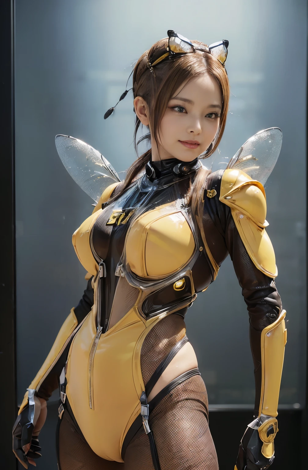 (high resolution,masterpiece,best quality,extremely detailed CG, anime, official art:1.4), realistic, photo, amazing fine details, all intricate, gloss and shiny,awesome many layers, 8k wall paper, 3d, sketch, kawaii, illustration,( solo:1.4), perfect female proportion,villainess, (fusion of queen bee and lady:1.4), (queen bee form lady:1.2), (queen bee lady:1.2), (fusion:1.2), (solo:1.4), (evil smile:1.2), muscular, abs, (queen bee exoskeleton bio insect suit:1.4), (queen bee exoskeleton bio insect armor:1.2), (brown transparency queen bee wing:1.4), (brown queen bee antennae:1.3), big breasts