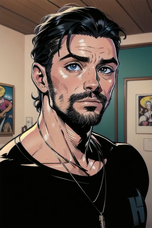 40 year old man, canas, barba corta, mejor calidad, arte oficial, extremadamente detallado, vistoso, more detailed, , estilo comic, cabello negro, Ojos oscuros, slicked back hair, cabello corto, bata negra, parte superior del cuerpo, ojos detallados