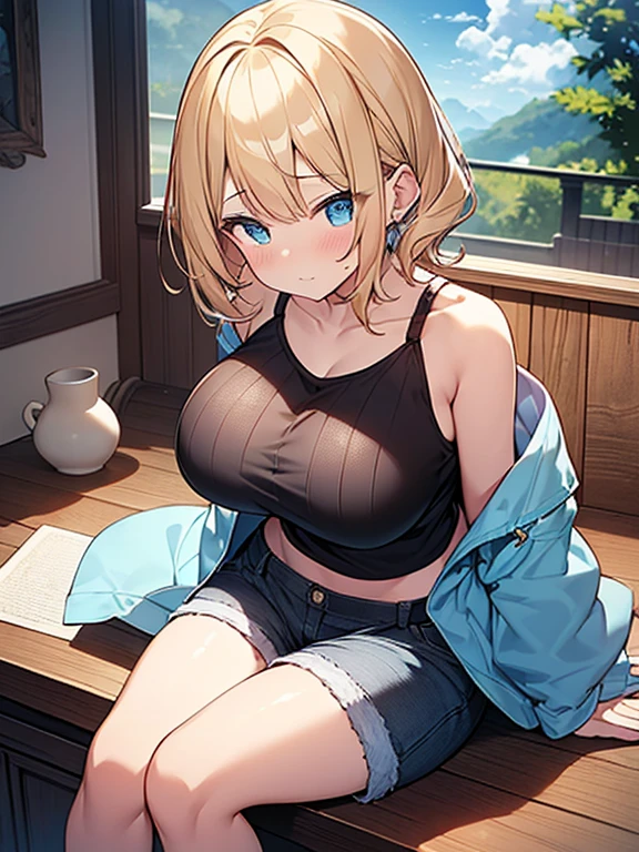 Tabletop, highest quality,figure, wallpaper, Super detailed, Absurd beauty、1 beautiful girl、 ((Looking up at the woman from below:1.3))、(Blonde、short hair、Wavy Hair、Ample breasts、Very large breasts)、Casual clothing、Summer clothes ,Black tank top、Shorts、Shyness、blush、Amazing blue sky
