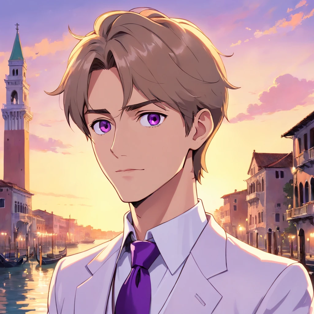 anime.Constantine the Great, Roman Emperor Constantine the Great resurrected in modern times。34 years old。one adult male。Long body。broad shoulder。thick neck。eyes like a lion。Bright and sharp eyes。Looking here。Sincere and kind。Kind and reliable。Deal with it sternly if necessary.。talented and hardworking businessman。successful gentleman。careerist。he is wearing a high quality white suit。dark purple tie。Light purple shirt。forceful。An overwhelming sense of control。romance novel hero。Bold composition。look up to。lyrical。Dramatic。heartful。Romantic。opulent。elegan。elegance。Venice background in the sunset。​masterpiece。top-quality。Super beautiful。The ultra -The high-definition。detaileds。exquisite。
