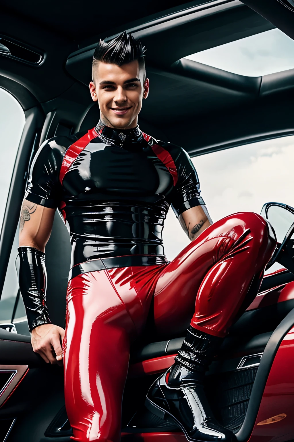 full view, one young muscular tall guy model wearing tight shiny latex shorts, red, black and white skinny bikersuit , black rubber socks, neck tattoo, pretty face, faux hawk haircut, arrogantly smiling sitting in luxury sport car, showing off his rubber black socked feet
