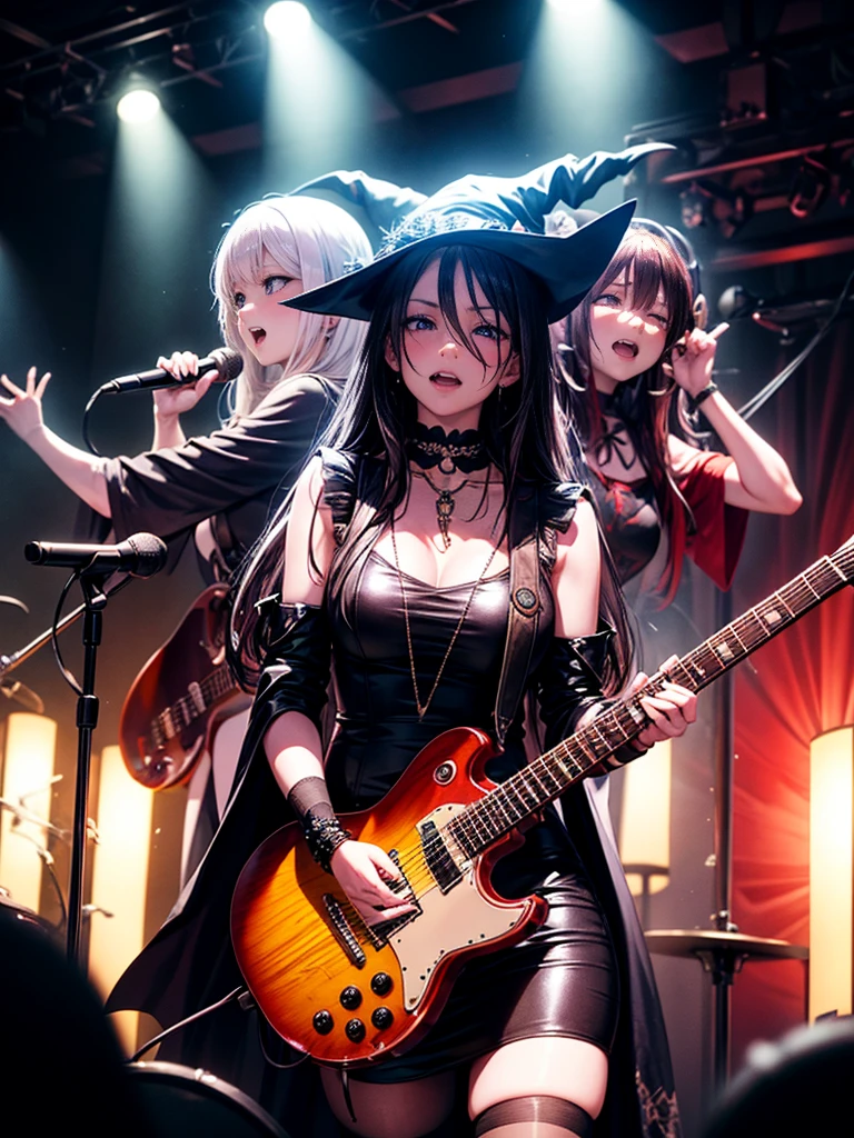 A three-woman metal band dressed in witch costumes、Arrived in Japan and held a mass at a live venue、Neck slashing pose、The intense performance was a huge success、Metal band performance、Fearless expression、Live venue lighting、The band&#39;s concept was a reaction to the witch hunts that swept through medieval Europe.、Electric guitar