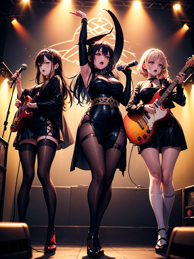 A three-woman metal band dressed in witch costumes、Arrived in Japan and held a mass at a live venue、Neck slashing pose、The intense performance was a huge success、Metal band performance、Fearless expression、Live venue lighting、The band&#39;s concept was a reaction to the witch hunts that swept through medieval Europe.、Electric guitar