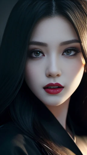 highest quality、masterpiece、8k、Award-winning works、Hyperrealism、Vampire Princess、、Photographing faces with beautiful composition、The most detailed and beautiful face、Cold look、look at me、Long eyelashes、Creepy Makeup、Black lipstick、purple eye shadow、Beautiful glossy lips、Top quality ultra HD skins、The most detailed eyes、High quality black camisole、Pitch black background、dark、Beautiful long hair、(Glowing Eyes、Sharp Fangs、Bloody mouth)