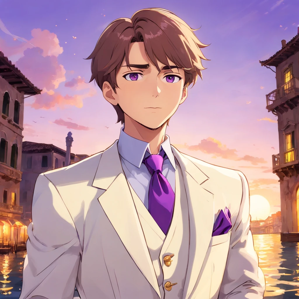 anime.Constantine the Great, Roman Emperor Constantine the Great resurrected in modern times。34 years old。one adult male。Long body。broad shoulder。thick neck。eyes like a lion。Bright and sharp eyes。Looking here。Sincere and kind。Kind and reliable。Deal with it sternly if necessary.。talented and hardworking businessman。successful gentleman。careerist。he is wearing a high quality white suit。dark purple tie。Light purple shirt。forceful。An overwhelming sense of control。romance novel hero。Bold composition。look up to。lyrical。Dramatic。heartful。Romantic。opulent。elegan。elegance。Venice background in the sunset。masterpiece。top-quality。Super beautiful。The ultra -The high-definition。detaileds。exquisite。