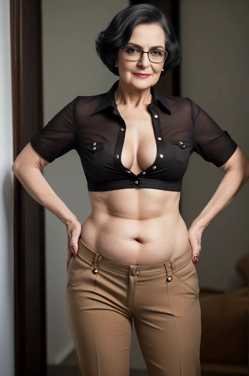 black very shaved hair elderly older mature cheeky spectacled bossy lady in a shirt with white-ivory buttons, beige-ocheroverly low-rise pants, fatty body with slightly abs, wearing a sexy cropped top with unglued V-neck, attractive feminine fleshes, 50 years old woman, close up body shot, succinct shirt, wearing a skimpy blouse, alluring fleshy model, ((best quality)), ((masterpiece)), (detailed), perfect face