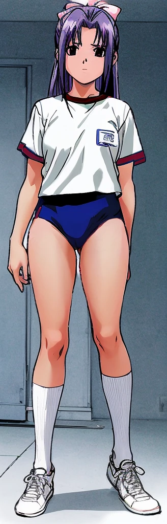 Momoko Koigakubo, a tall girl with beautiful legs, is wearing white gym clothes and light navy blue bloomers that look like panties, and is standing diagonally with her legs spread to the sides and a gentle expression on her face.。