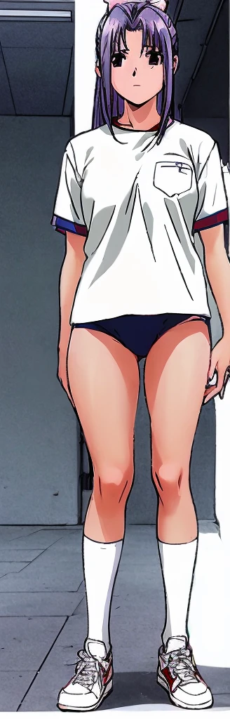 Momoko Koigakubo, a tall girl with beautiful legs, is wearing white gym clothes and light navy blue bloomers that look like panties, and is standing diagonally with her legs spread to the sides and a gentle expression on her face.。