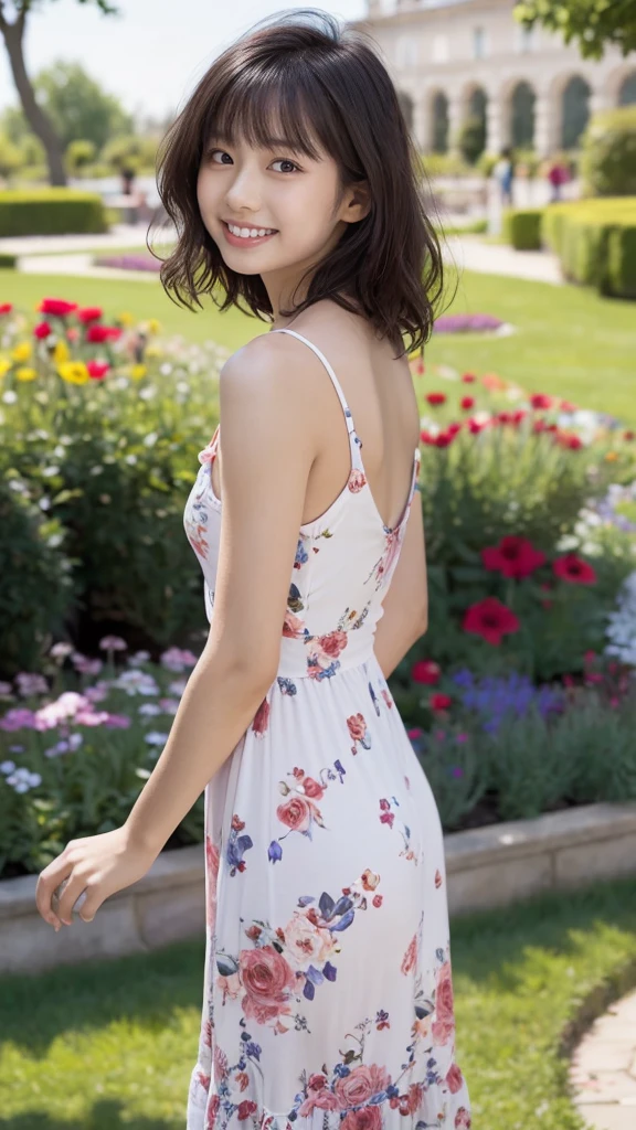 masterpiece, highest quality, disorganized, perfect anatomy, 1 girl, alone, pascal tales, short hair, beautiful, Hilarious, sunny day, botanical garden, Summer winds, sundress, Floral, wavy hair, smile