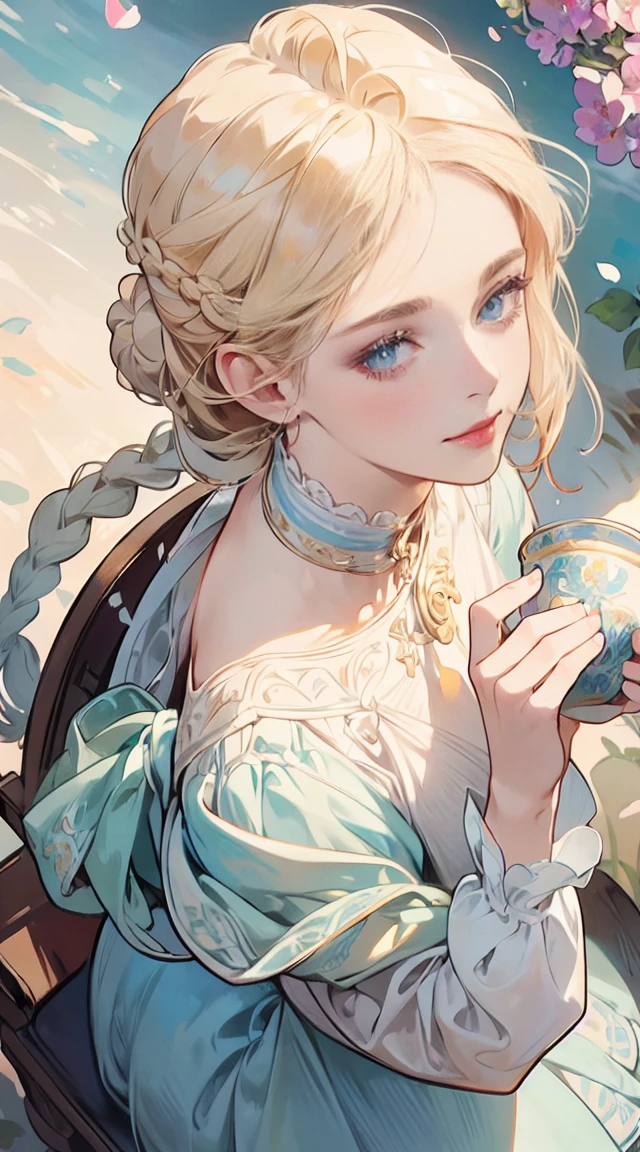 (masterpiece), best quality, ultra-detailed, illustration, detailed light, an extremely delicate and beautiful European female, deep blue eyes, aquablue hair, light smile, (from front), (face focus), with gorgeous water jug, an aerial garden where flowers are in full bloom, petals dance, nice hands, perfect hands, (from above), asymmetrical bangs:1.3, artoria style Braid Bun, short hair, white blonde hair, E-Cup:1.2, highly detailed face and eyes. By Alphonse mucha. dreaming aquacolor,