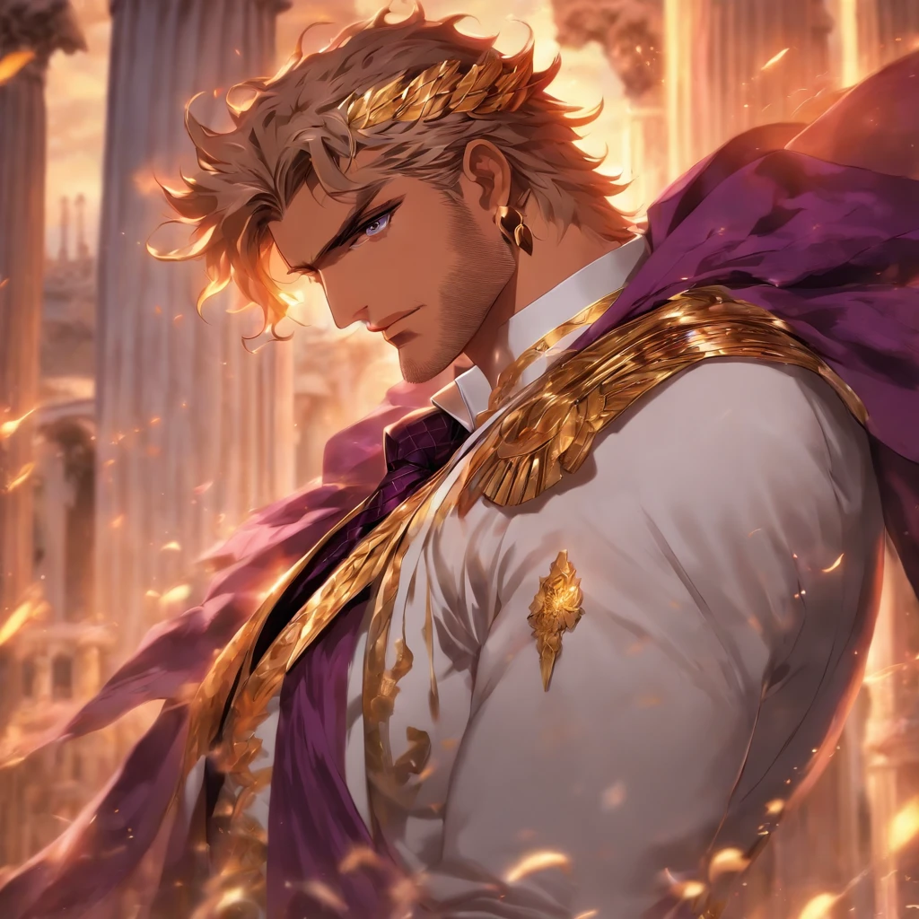 anime.Constantine the Great, Roman Emperor Constantine the Great resurrected in modern times。34 years old。one adult male。Long body。broad shoulder。thick neck。eyes like a lion。Bright and sharp eyes。Looking here。Sincere and kind。Kind and reliable。Deal with it sternly if necessary.。talented and hardworking businessman。successful gentleman。careerist。he is wearing a high quality white suit。dark purple tie。Light purple shirt。forceful。An overwhelming sense of control。romance novel hero。Bold composition。look up to。lyrical。Dramatic。heartful。Romantic。opulent。elegan。elegance。Venice background in the sunset。​masterpiece。top-quality。Super beautiful。The ultra -The high-definition。detaileds。exquisite。
