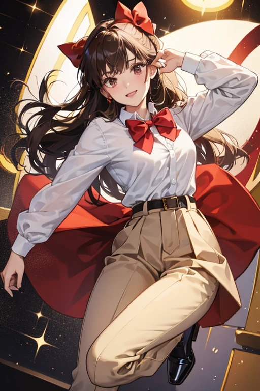 she wears a white shirt with a red bow tie, brown pants with a black belt, and black shoes. SPARKLE; GLITTER