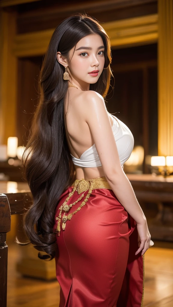 Beautiful girl with three meter long hair, Her hair was as long as her buttocks.., black hair, long hair, Beauty that comes from long hair, Soft and fluffy hair, My hair is very thick.., Lips are very red..., like full body, big breasts, big tits), beautiful body, Bright skin, White skin aura, pinkish white, (sexy, wet body, Wet hair), (Dynamic posts, Incredible view), (blessing, no clothes, Look at that pussy...., see nipples), Take off your clothes., dynamic gesture), elegant, personal, ((The ultimate beauty of Japan))、mature、beautiful facial features、(Big eyes:1.3), detailed lips, Beautiful eyes without details, Double eyelids, Long eyelashes、(big breastsโต, big breast, A gigantic rift, big breastsที่ใครต้องมองดู), (curve), Chapped lips, Beautiful orthodontics, red blush, A mesmerizing gaze、seductive smile, short brown bob, Masterpiece,( Long legs，Long legs)，best quality，hyper detail，Enlightenment，Fine, detailed eyes and a detailed face.） allure：brown hair，(long hairมากกว่าสองเมตร, long hairที่ดึงดูดสายตา, ความงามที่มาจากlong hair), natural makeup，Random color clothes, round chest，looking at the audience，single，A MILF with a perfect body, Excellent lighting composition, Excellent light and shadow quality, little jewelry, Frayed clothes, The dress is not finished yet., not properly dressed, dynamic post, amazing gesture, professional, Skirt falls off, Few pieces of clothing, Body Reveal, big breastsพิเศษ, The abdomen is white and smooth., , big breasts, Crawl him, thai architecture, Thai ancient house