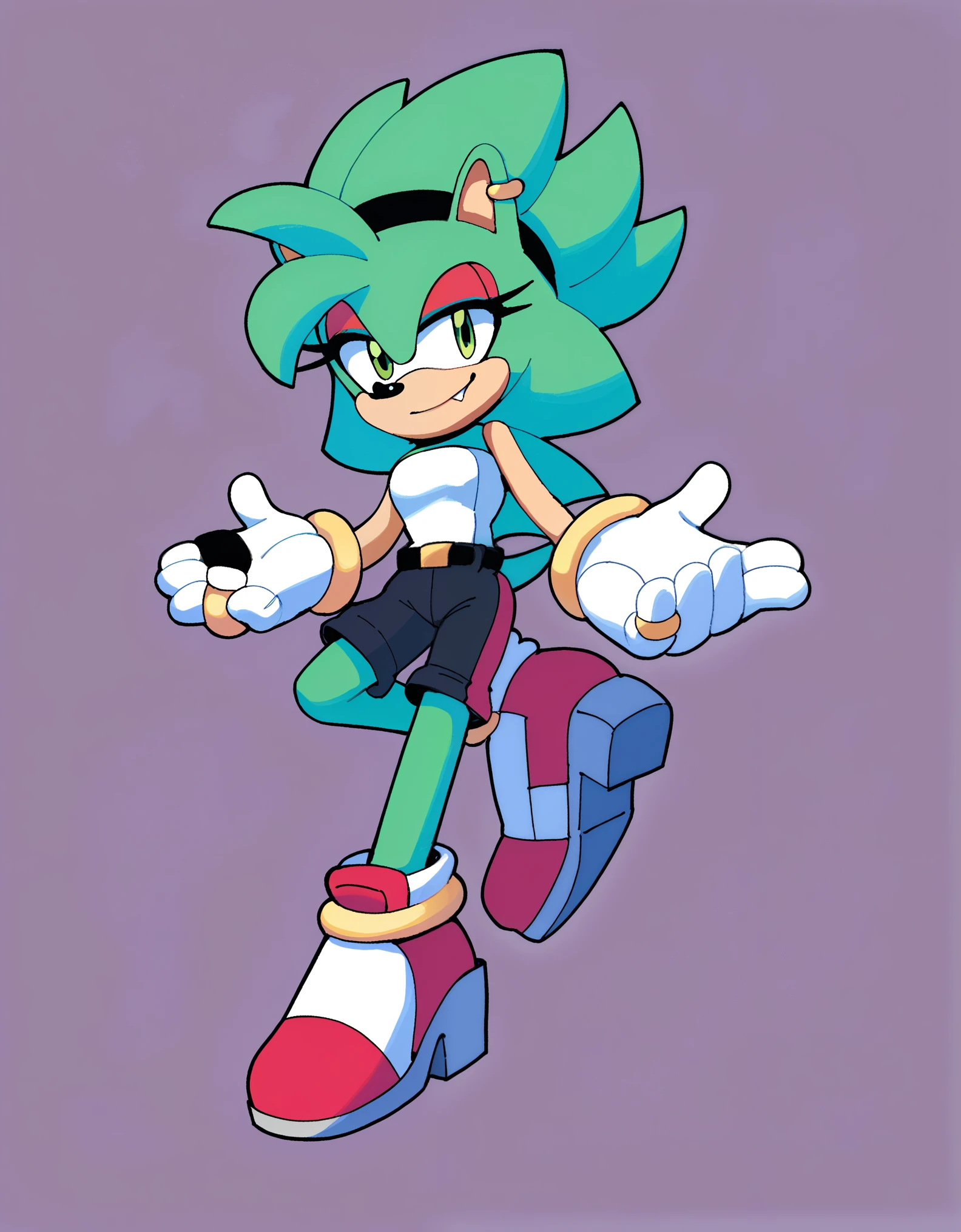 score_9, score_8_up, score_7_up, score_6_up, masterpiece, best quality, Purity the hedgehog, 1girl, solo, looking at viewer, smile, simple background, gloves, bare shoulders, closed mouth, tail, full body, red gloves with black fingers, black headband with ribbon on the side, high heeled air shoes similar to that of Shadow the Hedgehog, (white tube unitard with red stripes on the sides), tube unitard has shorts attached, black trims on top edges of unitard, black trims on bottom edges of unitard’s shorts, bare legs, strapless, red makeup, black glove cuffs, black belt around waist, gold ring belt buckle, happy, red footwear with gray soles, furry, eyeshadow, strapless tube unitard, hedgehog ears, animal nose, green eyes, animal ears, furry female, sonic the hedgehog \(series\), (light blue fur), long hair/quills, 4 quill-like hair bangs, small fang
