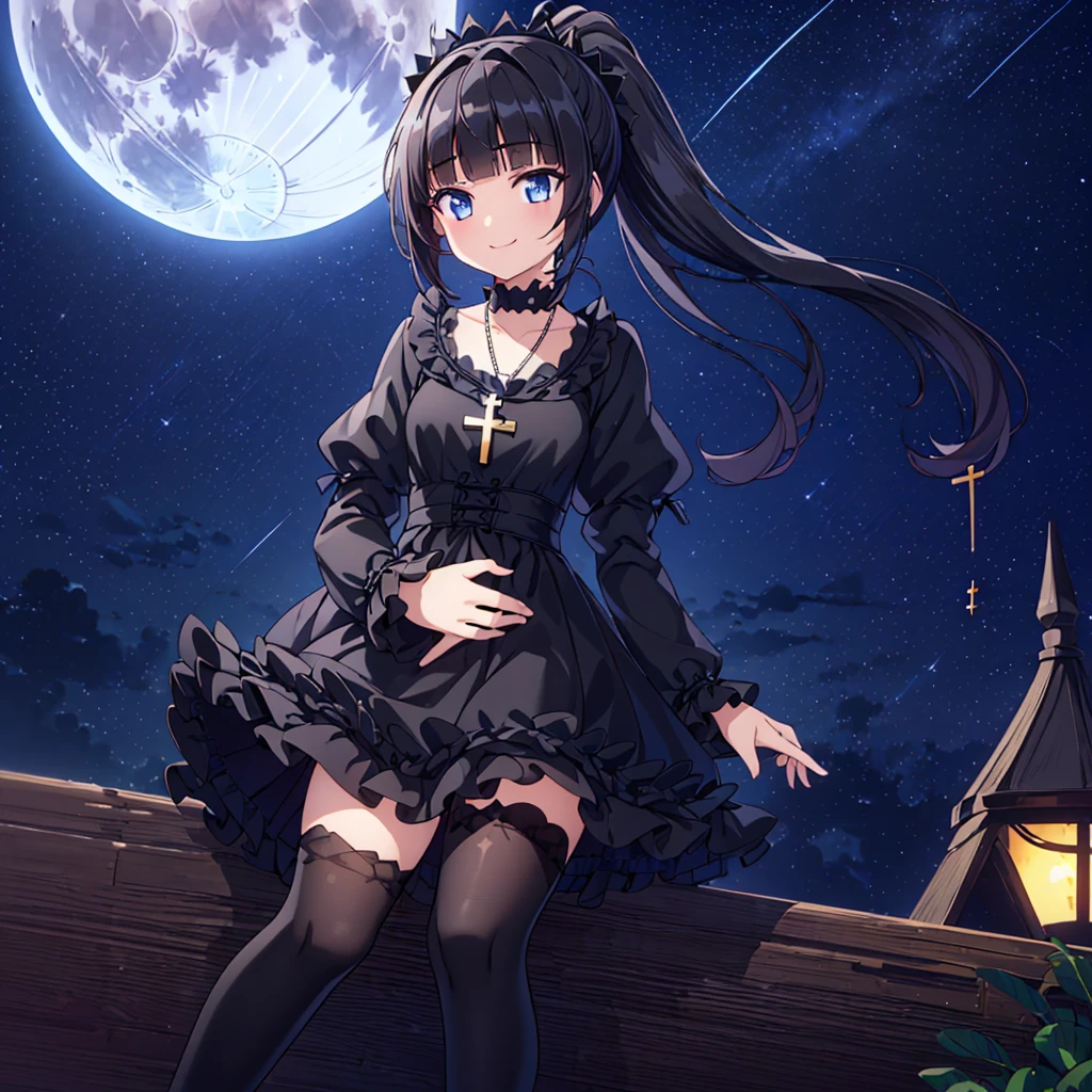 32k, 最high quality, 超High resolution, High resolution, 超High resolution, Highly detailed CG, Unity 32K Wallpapers, (((high quality))), (((high resolution))), (((smile))), (((Black Gothic Lolita))), (((full moon))),  (((high quality starry sky background))), (((Black Hair))), (((Short Ponytail))), (((Iris))), (((16 years old))), (((Black over-the-knee socks))), (((Blunt bangs))), (((Cross Necklace))),