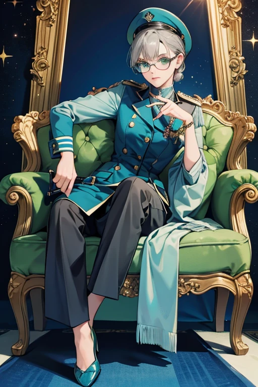 she wears green glasses, a light gray and navy blue colored watchman's uniform, and a pair of slippers. SPARKLE; GLITTER