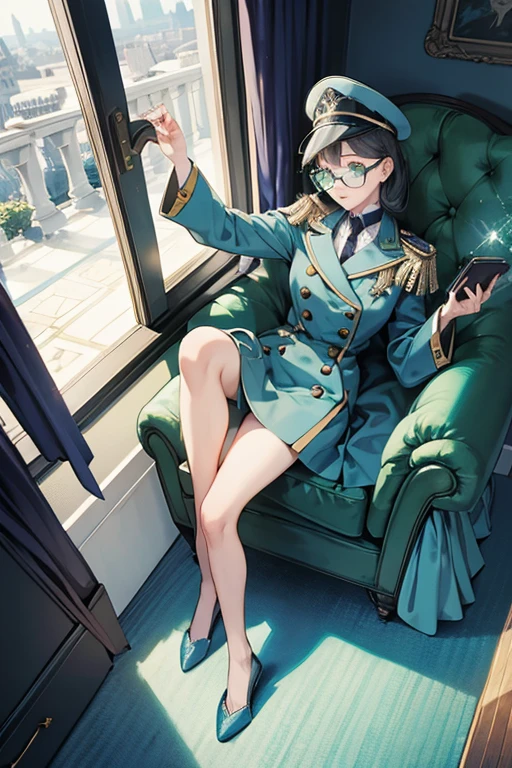 she wears green glasses, a light gray and navy blue colored watchman's uniform, and a pair of slippers. SPARKLE; GLITTER