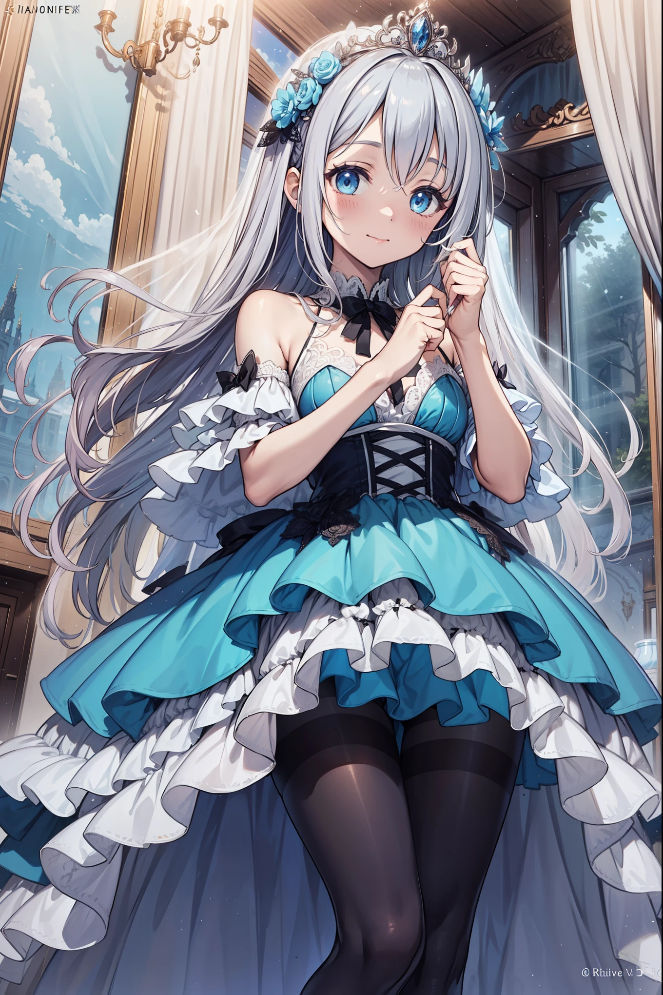 (best quality,4K,8k,high resolution,masterpiece:1.2),Super detailed,beautiful girl,Obsessed,enchanting,hapiness,Holy,magical effect,Silver hair,Blue eyes,Pale pink wedding dress,bridal crown,A small amount of sky blue cloth,Exquisite clothing,layered skirt,Detailed lace,Delicate ruffles,bedroom,The only person,at night,Lace pantyhose,Sacred stripes,Transparent clothing,Gem embellishment