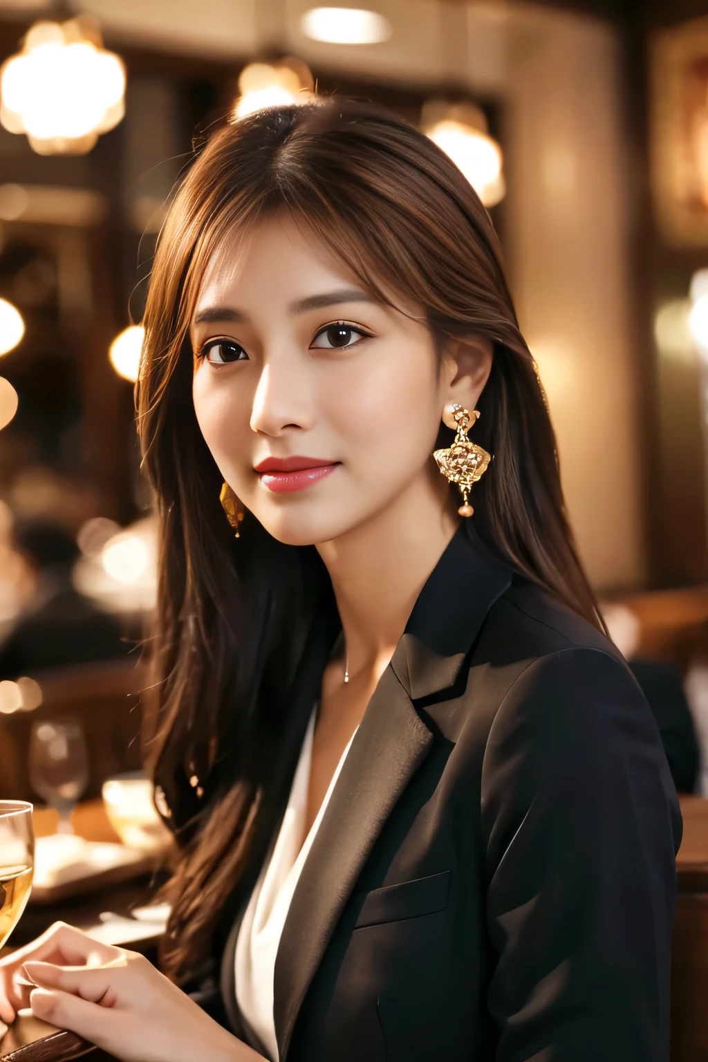 masterpiece, highest quality, Realistic, Very detailed, Finer details, High resolution, 8k wallpaper, One beautiful woman, Wear casual business attire, In a great restaurant, At night, Light brown messy hair, Perfect dynamic composition, Beautiful and beautiful eyes、Big earrings
