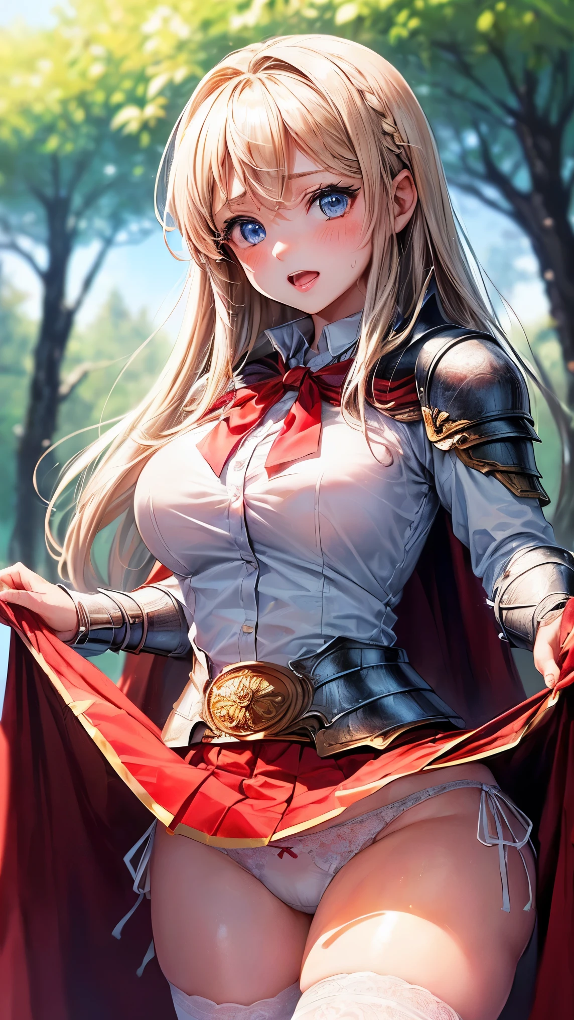 best quality,1girl,((((10 years old:1.3)))))),((big breasts:1.3)),curvy,orgasm,blush, sweat,blue eyes,blonde hair,((long hair:1.3)),straight hair,((waist-cape armor,white shirt,red skirt:1.3)),mini skirt,fantasy,((lift skirt,upskirt,lace panties,white panties:1.1)),kneehighs,forest