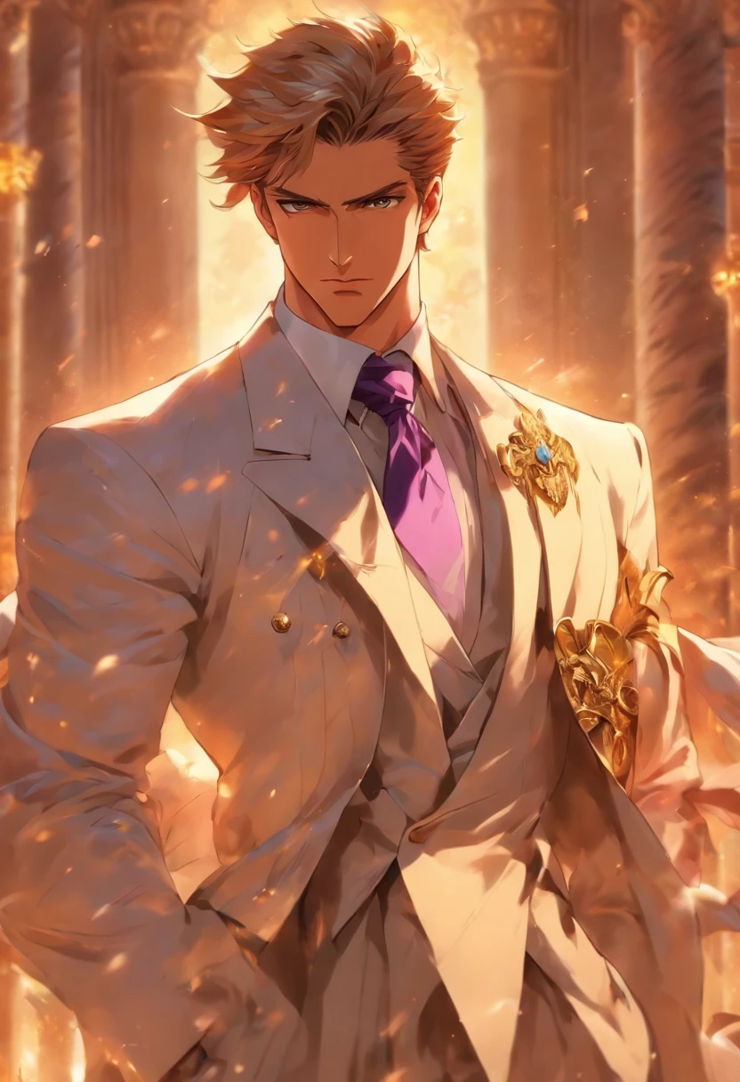 anime.Constantine the Great, Roman Emperor Constantine the Great resurrected in modern times。34 years old。one adult male。Long body。broad shoulder。thick neck。eyes like a lion。Bright and sharp eyes。Looking here。Sincere and kind。Kind and reliable。Deal with it sternly if necessary.。talented and hardworking businessman。successful gentleman。careerist。he is wearing a high quality white suit。dark purple tie。Light purple shirt。forceful。An overwhelming sense of control。romance novel hero。Bold composition。look up to。lyrical。Dramatic。heartful。Romantic。opulent。elegan。elegance。Venice background in the sunset。masterpiece。top-quality。Super beautiful。The ultra -The high-definition。detaileds。exquisite。