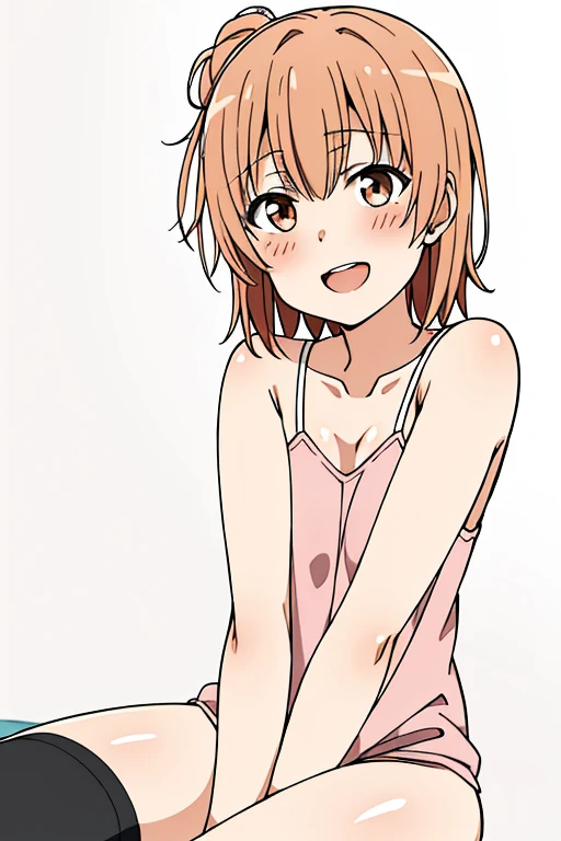 ((highest quality)), ((masterpiece)), (be familiar with), Perfect Face, indoor, Bedroom, Watching the audience,
One woman, Yuigahama Yui,
Open Mouth, Ecstatic expression, blush, smile,
Small breasts, Flat Chest, Young Girl, , , Girl,
Short Hair, Salmon-colored hair, Salmon-colored eyes, Side Pony,
Leg spread,