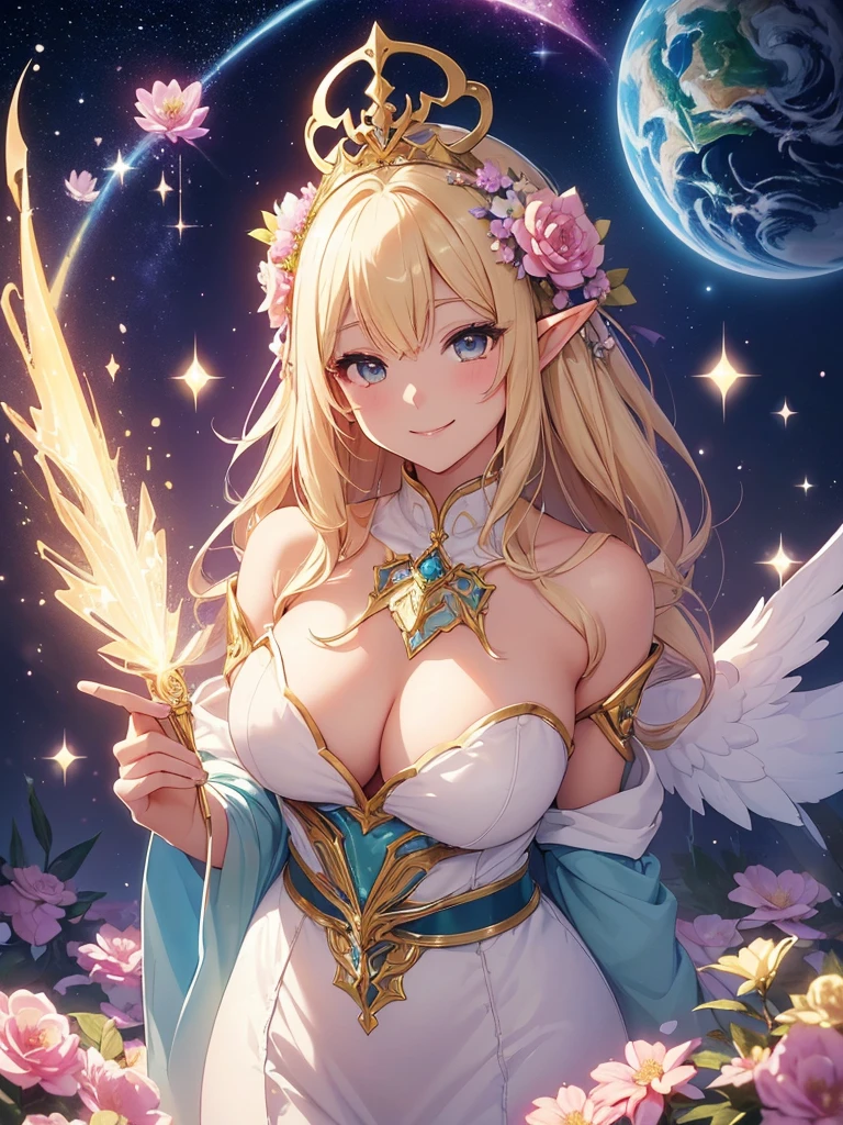 最high quality、1girl ELF
NP: worst quality ,flower fractal art,
rule of thirds composition,
beautiful glow,
romanticism,ANGEL wing
the most beautiful form of chaos, various colors, entangled flower, Particle,magical gentle light,smile,sexy,Image quality、masterpiece、Beautiful Face、Super beautiful elf girl((22 year old office lady with big breasts、Bust 90,Beautiful long ironed hair、blonde、height: 165cm。、sexy、Esbian、Beautiful tiara、Night with a glass、high quality、美しいart、galactic creation、background((星nullスキー)))、ビジュアルart、Written boundary depth、、Elf Ears、、Lightのmagic、universe、Happy smile、穏やかなLight、Elven Forest、elegant、ticker beautiful decorative、flower瓶、magicのflower、光を作るmagic、Light、Earth、 null、Beautiful dressy、Beautiful dress、table、giant galaxy、myth、art、、sexy、A kind smile、wonderful、舞い散るflowerびら、Spectacular landscapes、Beautiful Landscape、universeのmagic、magicのLight、Fantasy、flower、super REALITY、magic、universeを飛ぶ、、Grow Fantasy、、mysteryのLight、Byzantine、Art Nouveau、Elven Nation、 たくさんのflower、、art、art,mystery,Ultra-high resolution,magicalgentle light,sexy、Marble pillar、golden decoration