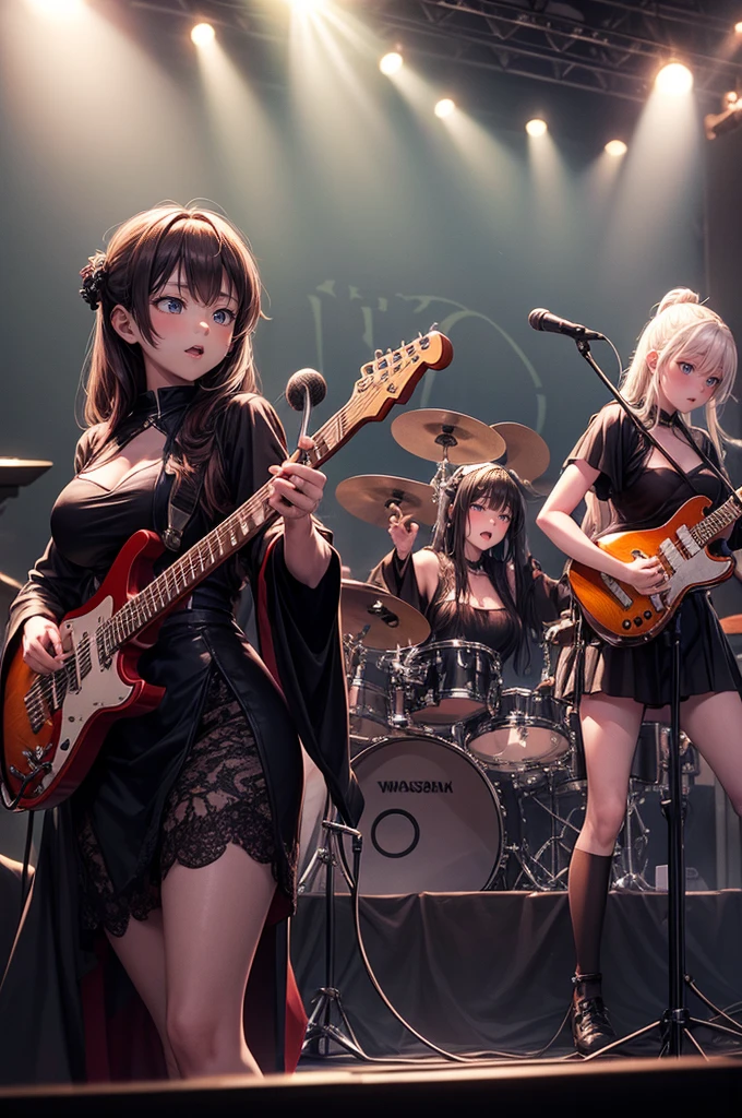 A three-woman metal band dressed in witch costumes、Arrived in Japan and held a mass at a live venue、Neck slashing pose、The intense performance was a huge success、Metal band performance、Fearless expression、Live venue lighting、The band's concept was a reaction to the witch hunts that swept through medieval Europe.、Electric guitar