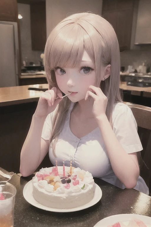 Girl eating birthday cake at home, hyper Realistic Anime, Real life anime girls, Realistic Anime, a Surreal , Realistic - Anime, Realistic Anime 3 d style, photoRealistic Anime, Surreal , Anime Food, Ultra-realistic birthday cake photo, Realistic young anime girl