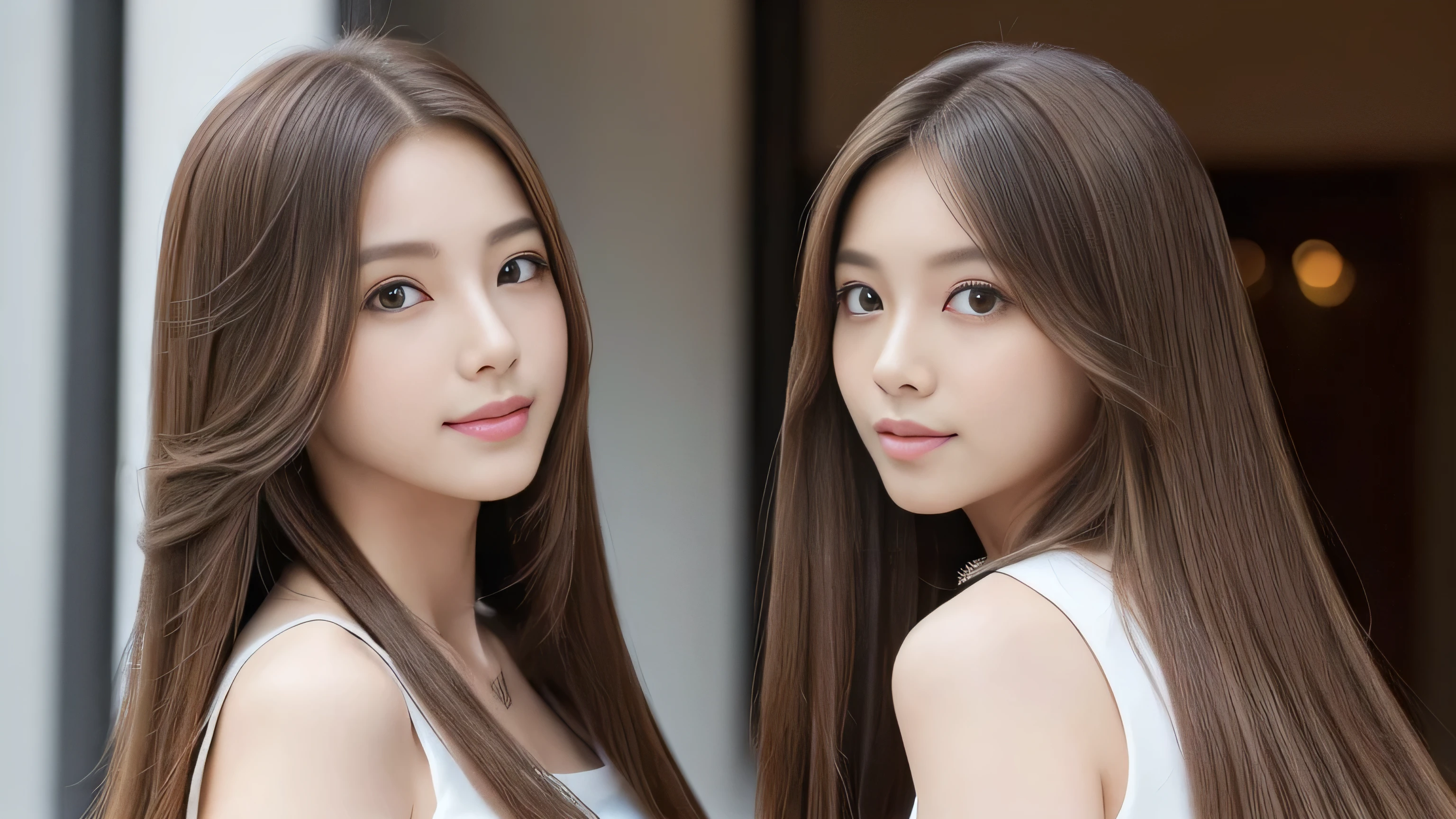 (((A photo of two identical twins, side-by-side, from the neck up, in the same space))) (two women with length brown hair posing for a picture, thin and shiny hair, Ulzzang, long and straight hair of brown color,, Brown long hair, beautifulgemini portrait, Brown long hair, beautifulgemini, length Hair, Smooth Hair, Flowing brown hair, With the same hairstyle, length, Flat Hair, length brown hair, Attractive long hair, Beautiful brown hair Two women with long brown hair posing for a photograph, Digital Art inspired by Wang Duo, tumbler, Digital Art, thin and shiny hair, Ulzzang, long and straight hair of brown color,, Brown long hair, beautifulgemini portrait, Brown long hair, beautifulgemini, length Hair, Smooth Hair, Flowing brown hair, With the same hairstyle, length, Flat Hair) ((both sides Random poses showing as much back and hair as possible:1.8)) ((Both sides Beautiful 24 year old hair model with long black hair, girl with super Very long hair that reaches down to the ankles, extremely Very long hair that reaches down to the ankles, Very long hair that reaches down to the ankles,Very long hair that reaches down to the ankles , Flowing Hair, very Very long hair that reaches down to the ankles, Very long hair that reaches down to the anklesgirl,Very long hair that reaches down to the ankles , flowing light brown hair, length Hair windy, Very long light brown hair, flowing light brown hair,Incredibly straight long-lasting hair, Abnormally long髪!!!! Her highest quality!!!! hair is long and straight., very long light brown hair that reaches down to the ankles, highest quality light brown hair , , Highest quality long straightなVery long hair that reaches down to the ankles straight, beautiful, High quality hair, Very long hair that reaches down to the ankles and highest quality straight light brown hair, straight, highest quality light brown hair, Perfect silky straight hair of the highest quality, straight, highest quality light brown hair , lengthLight brown hair straight hair, length, Thick and voluminous light brown hair Her hair is long and straight, Very long light brown hair, Abnormally long、or extremely long light brown hair, very long, straight, Light brown hair that reaches down to her ankles, Abnormally very long straight, beautiful hair of the highest quality, length Hair, length, straight light brown hair ,Extraordinarily very long light brown hair that lasts forever and free straight light brown hair , straight light brown hair)) (Both sides bangs are perfect.:1.3) (Japan's most sexy and beautiful 24-year-old beauty model) (Both sides They look at the viewer with a very captivating expression...) ((highest quality)), ((masterpiece)), (Familiar) (Get used to it) Perfect Face (both sidesHer skin is a typical Japanese skin color. And very detailed) (Both SidesBig Tits:1.3) (both sides She is wearing a beautiful shiny white camisole.) (both sides She has a beautiful face and a typical Japanese figure...., Narrow eyes) (both sides She has perfect beautiful and sexy makeup and face Lipstick is light red A solid eyeliner) ((Rich 1.4)) (Very detailed)