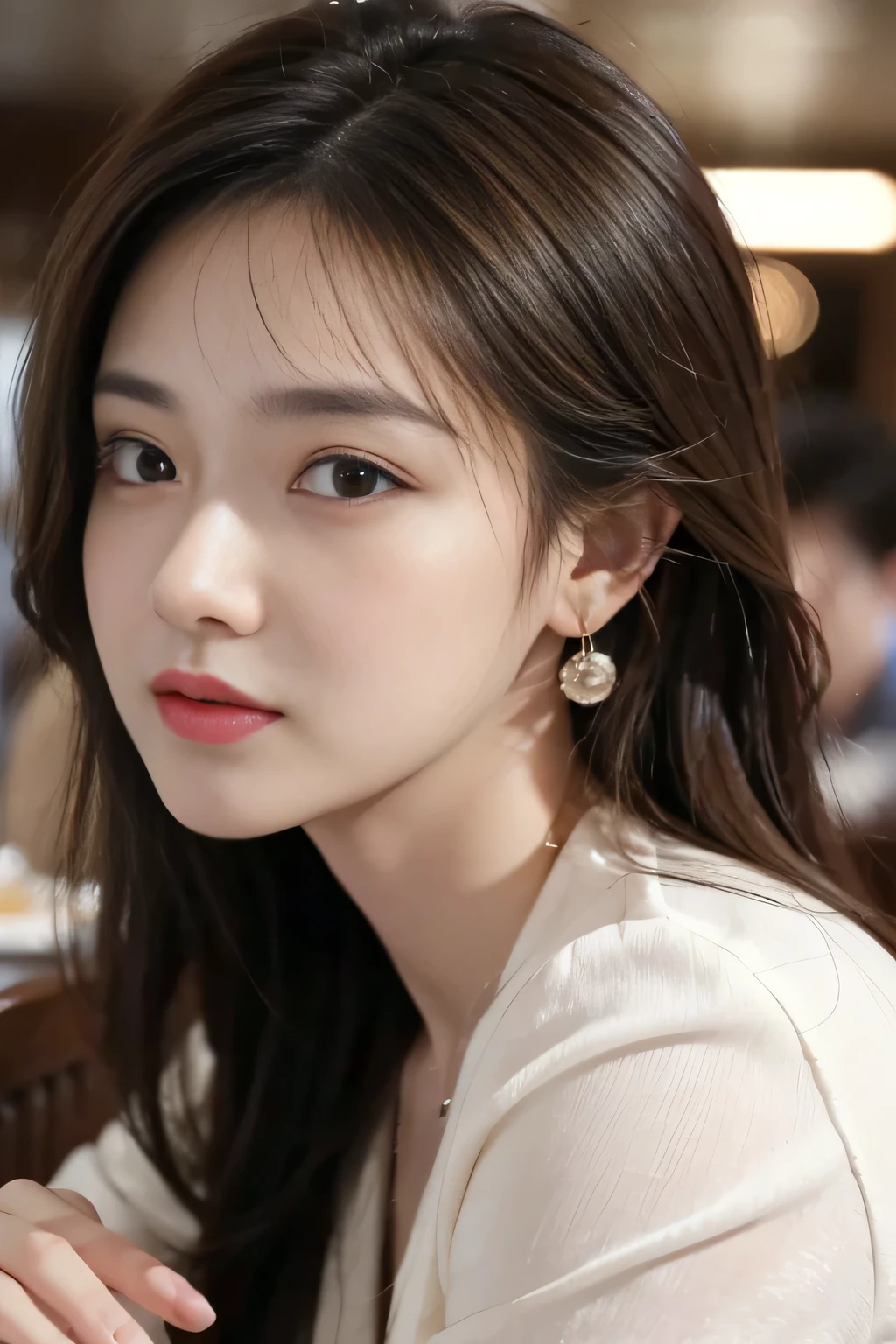 masterpiece, highest quality, Realistic, Very detailed, Finer details, High resolution, 8k wallpaper, One beautiful woman, Wear casual business attire, In a great restaurant, At night, Light brown messy hair, Perfect dynamic composition, Beautiful and beautiful eyes、Big earrings