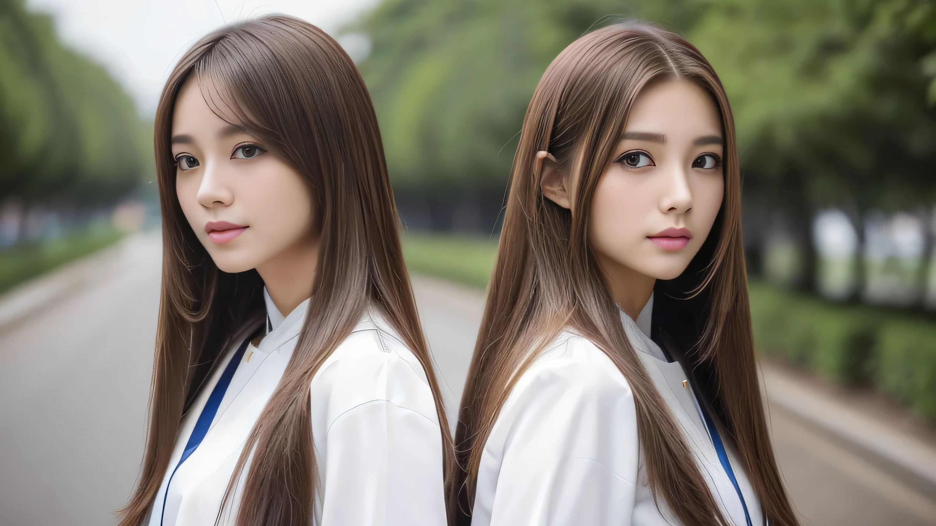 (((A photo of two identical twins, side-by-side, from the neck up, in the same space))) (two women with length brown hair posing for a picture, thin and shiny hair, Ulzzang, long and straight hair of brown color,, Brown long hair, beautifulgemini portrait, Brown long hair, beautifulgemini, length Hair, Smooth Hair, Flowing brown hair, With the same hairstyle, length, Flat Hair, length brown hair, Attractive long hair, Beautiful brown hair Two women with long brown hair posing for a photograph, Digital Art inspired by Wang Duo, tumbler, Digital Art, thin and shiny hair, Ulzzang, long and straight hair of brown color,, Brown long hair, beautifulgemini portrait, Brown long hair, beautifulgemini, length Hair, Smooth Hair, Flowing brown hair, With the same hairstyle, length, Flat Hair) ((both sides Random poses showing as much back and hair as possible:1.8)) ((Both sides Beautiful 24 year old hair model with long black hair, girl with super Very long hair that reaches down to the ankles, extremely Very long hair that reaches down to the ankles, Very long hair that reaches down to the ankles,Very long hair that reaches down to the ankles , Flowing Hair, very Very long hair that reaches down to the ankles, Very long hair that reaches down to the anklesgirl,Very long hair that reaches down to the ankles , flowing light brown hair, length Hair windy, Very long light brown hair, flowing light brown hair,Incredibly straight long-lasting hair, Abnormally long髪!!!! Her highest quality!!!! hair is long and straight., very long light brown hair that reaches down to the ankles, highest quality light brown hair , , Highest quality long straightなVery long hair that reaches down to the ankles straight, beautiful, High quality hair, Very long hair that reaches down to the ankles and highest quality straight light brown hair, straight, highest quality light brown hair, Perfect silky straight hair of the highest quality, straight, highest quality light brown hair , lengthLight brown hair straight hair, length, Thick and voluminous light brown hair Her hair is long and straight, Very long light brown hair, Abnormally long、or extremely long light brown hair, very long, straight, Light brown hair that reaches down to her ankles, Abnormally very long straight, beautiful hair of the highest quality, length Hair, length, straight light brown hair ,Extraordinarily very long light brown hair that lasts forever and free straight light brown hair , straight light brown hair)) (Both sides bangs are perfect.:1.3) (Japan's most sexy and beautiful 24-year-old beauty model) (Both sides They look at the viewer with a very captivating expression...) ((highest quality)), ((masterpiece)), (Familiar) (Get used to it) Perfect Face (both sidesHer skin is a typical Japanese skin color. And very detailed) (Both SidesBig Tits:1.3) (both sides She is wearing a beautiful shiny white camisole.) (both sides She has a beautiful face and a typical Japanese figure...., Narrow eyes) (both sides She has perfect beautiful and sexy makeup and face Lipstick is light red A solid eyeliner) ((Rich 1.4)) (Very detailed)