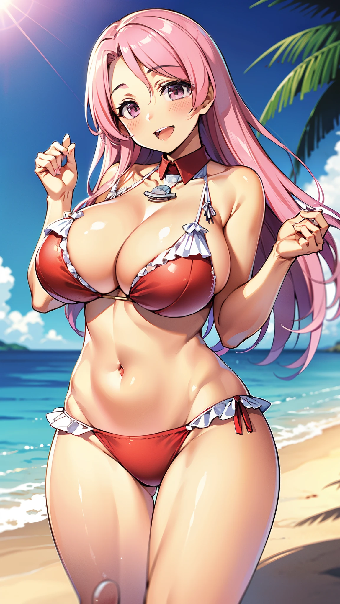 ,Open mouth, large breasts,wide hips,,,pink hair,long hair,blush,,smile,beach,red bikini,cleavage,navel,neckless,amulet