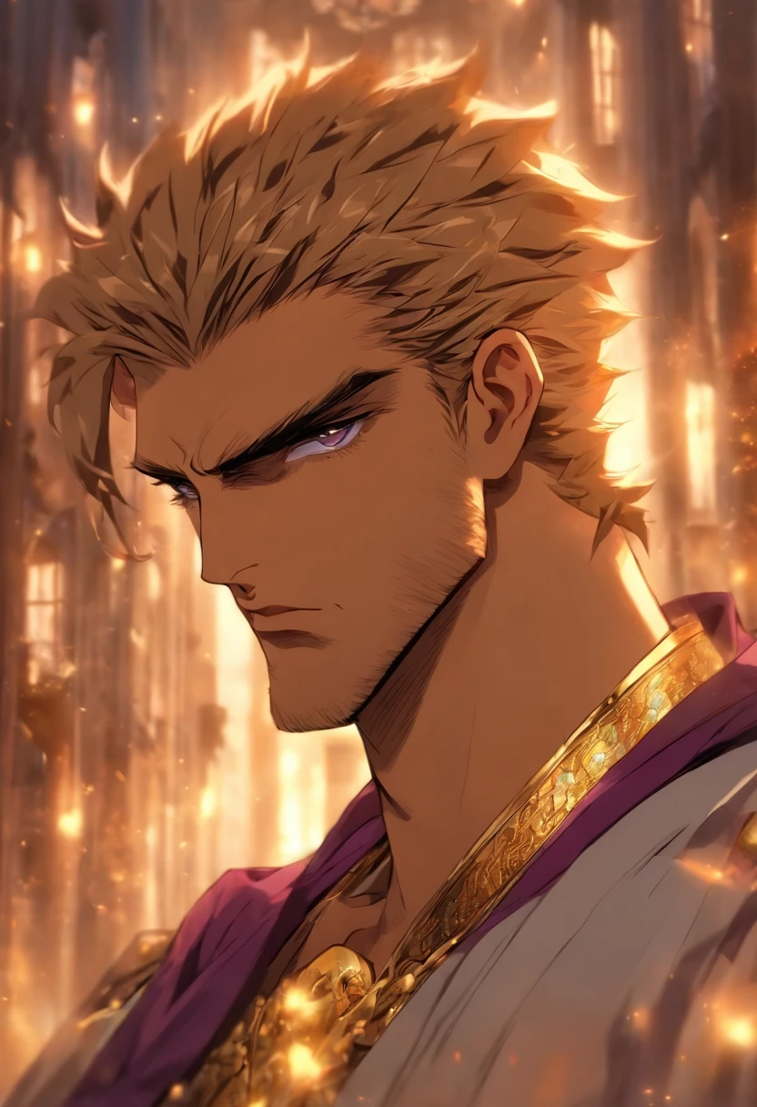 anime.Constantine the Great, Roman Emperor Constantine the Great resurrected in modern times。34 years old。one adult male。Long body。broad shoulder。thick neck。eyes like a lion。Bright and sharp eyes。Looking here。Sincere and kind。Kind and reliable。Deal with it sternly if necessary.。talented and hardworking businessman。successful gentleman。careerist。he is wearing a high quality white suit。dark purple tie。Light purple shirt。forceful。An overwhelming sense of control。romance novel hero。Bold composition。look up to。lyrical。Dramatic。heartful。Romantic。opulent。elegan。elegance。Venice background in the sunset。​masterpiece。top-quality。Super beautiful。The ultra -The high-definition。detaileds。exquisite。
