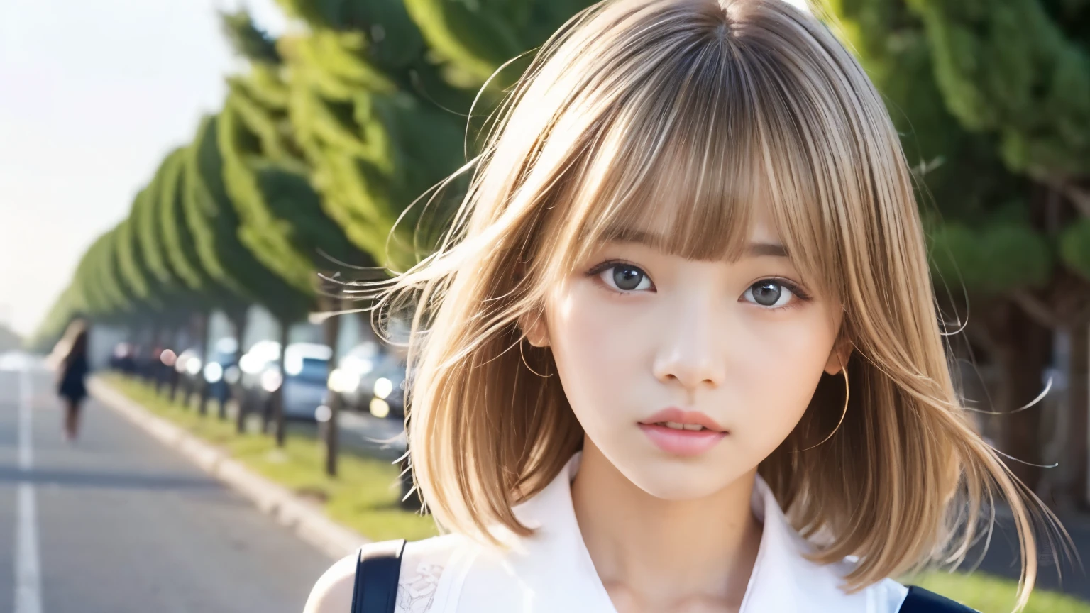 Sexy big 、Sexy cute looks and cute 15 year old beautiful girl, Beautiful and sexy face、A strong wind blows my hair in front of my face、A short-haired blonde with cute, sexy eyes hidden by long bangs.、Cute ribbon、１cut、