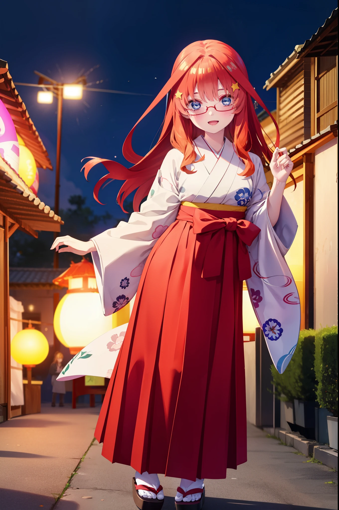 itsukinakano, Itsuki Nakano, bangs, blue eyes, Hair between the eyes, Ahoge, Redhead, star \(symbol\), hair ornaments, star hair ornaments,Akagi Glasses,smile,blush,Happy atmosphere,Open your mouth,Long Hair,Tie your hair back,Aka kimono,Red Hakama,Sandals,White tabi,night空の花火,Fireworks display,Japanese Festivals,Summer festival food stalls,Red Lantern,night,イラストにwhole bodyが入るように, night
break outdoors, shrine, break looking at viewer,whole body,
break (masterpiece:1.2), highest quality, High resolution, unity 8k wallpaper, (shape:0.8), (Beautiful and beautiful eyes:1.6), Highly detailed face, Perfect lighting, Extremely detailed CG, (Perfect hands, Perfect Anatomy),