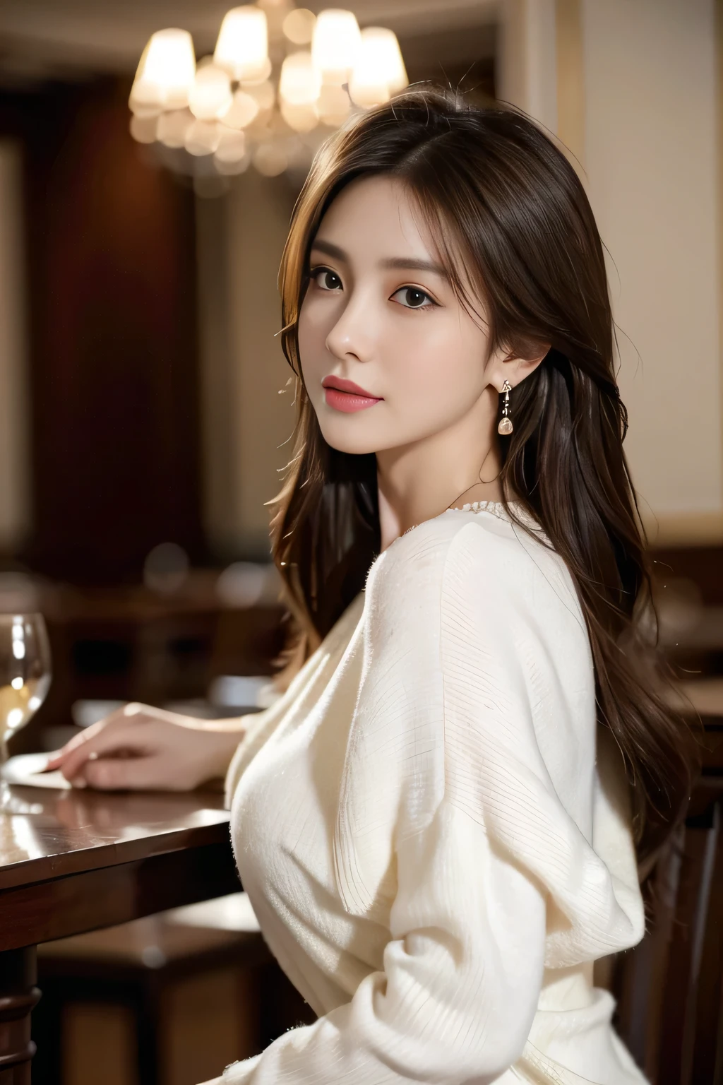 masterpiece, highest quality, Realistic, Very detailed, Finer details, High resolution, 8k wallpaper, One beautiful woman, Wear casual business attire, In a great restaurant, At night, Light brown messy hair, Perfect dynamic composition, Beautiful and beautiful eyes、Big earrings