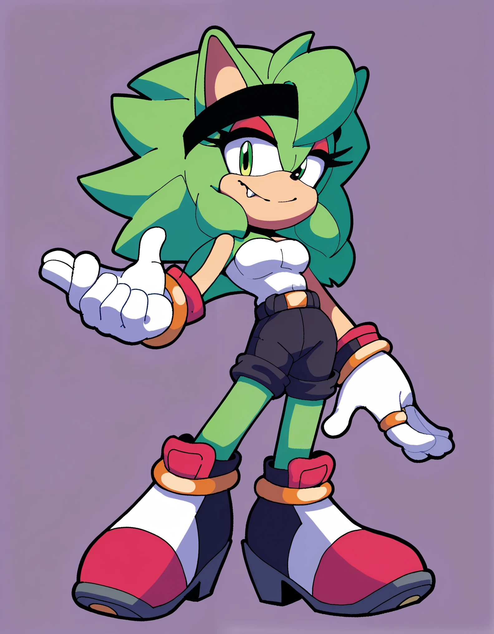 score_9, score_8_up, score_7_up, score_6_up, masterpiece, best quality, Purity the hedgehog, 1girl, solo, looking at viewer, smile, simple background, gloves, bare shoulders, closed mouth, tail, full body, red gloves with black fingers, black headband with ribbon on the side, high heeled air shoes similar to that of Shadow the Hedgehog, (white tube unitard with red stripes on the sides), tube unitard has shorts attached, black trims on top edges of unitard, black trims on bottom edges of unitard’s shorts, bare legs, strapless, red makeup, black glove cuffs, black belt around waist, gold ring belt buckle, happy, red footwear with gray soles, furry, eyeshadow, strapless tube unitard, hedgehog ears, animal nose, green eyes, animal ears, furry female, sonic the hedgehog \(series\), (light blue fur), long hair/quills, 4 quill-like hair bangs, small fang, medium breasts, perfect hourglass figure