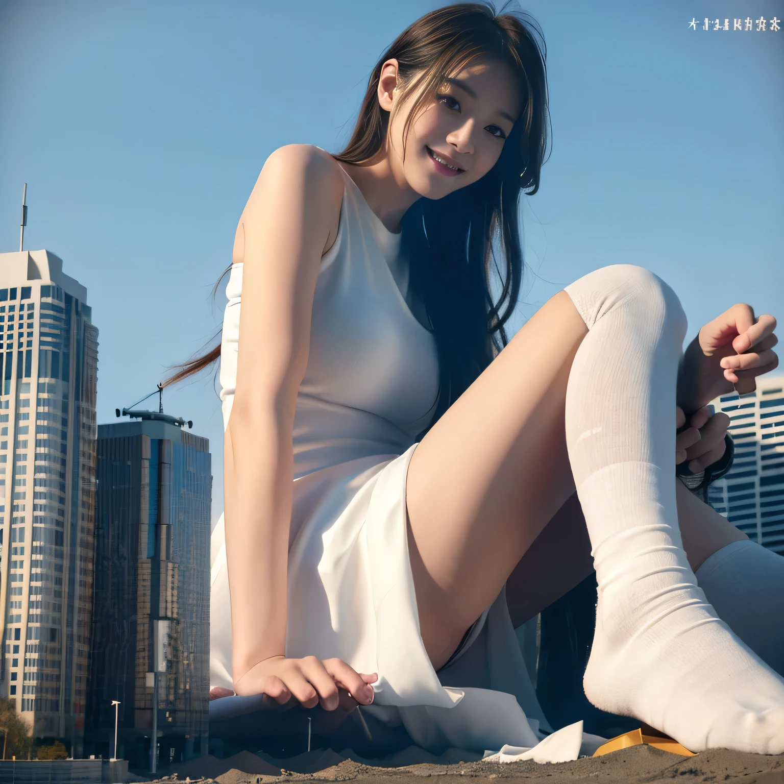 1 Girl,young,Lovely,Smile,Big Breasts,White Dress,Transparent white socks,Transparent white socks,Barefoot,Long hair,Miniature City,destroy,(Huge GTS),A vulnerable city,full-body shot,Sitting on the city,GTS overlooking,The camera looks up
