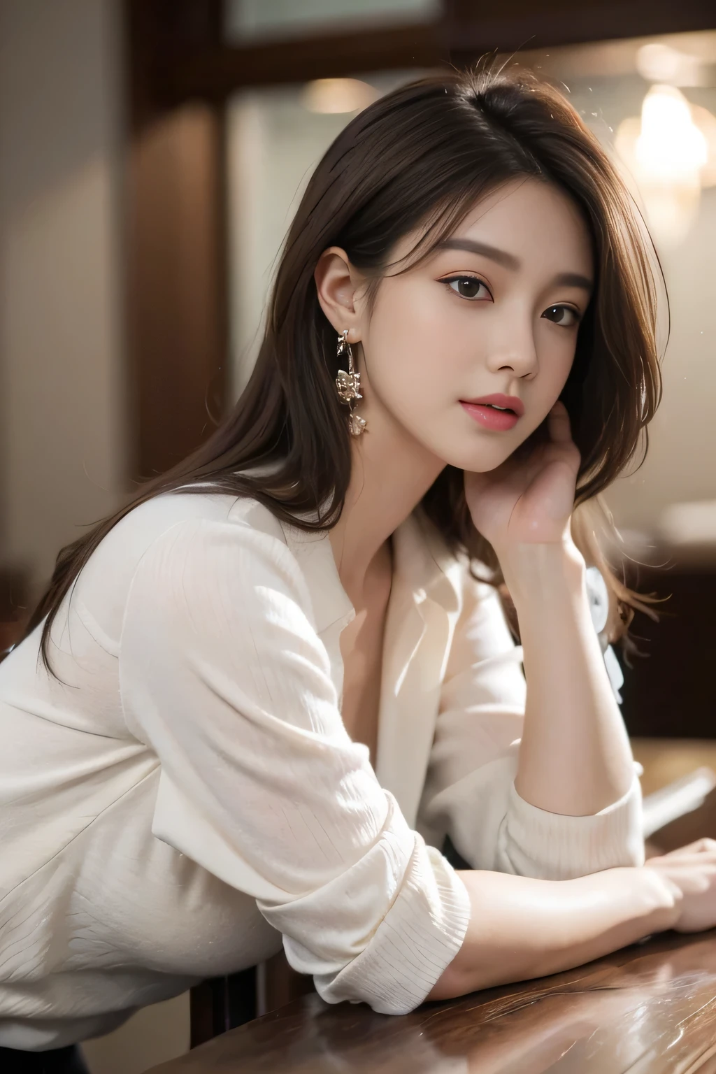 masterpiece, highest quality, Realistic, Very detailed, Finer details, High resolution, 8k wallpaper, One beautiful woman, Wear casual business attire, In a great restaurant, At night, Light brown messy hair, Perfect dynamic composition, Beautiful and beautiful eyes、Big earrings
