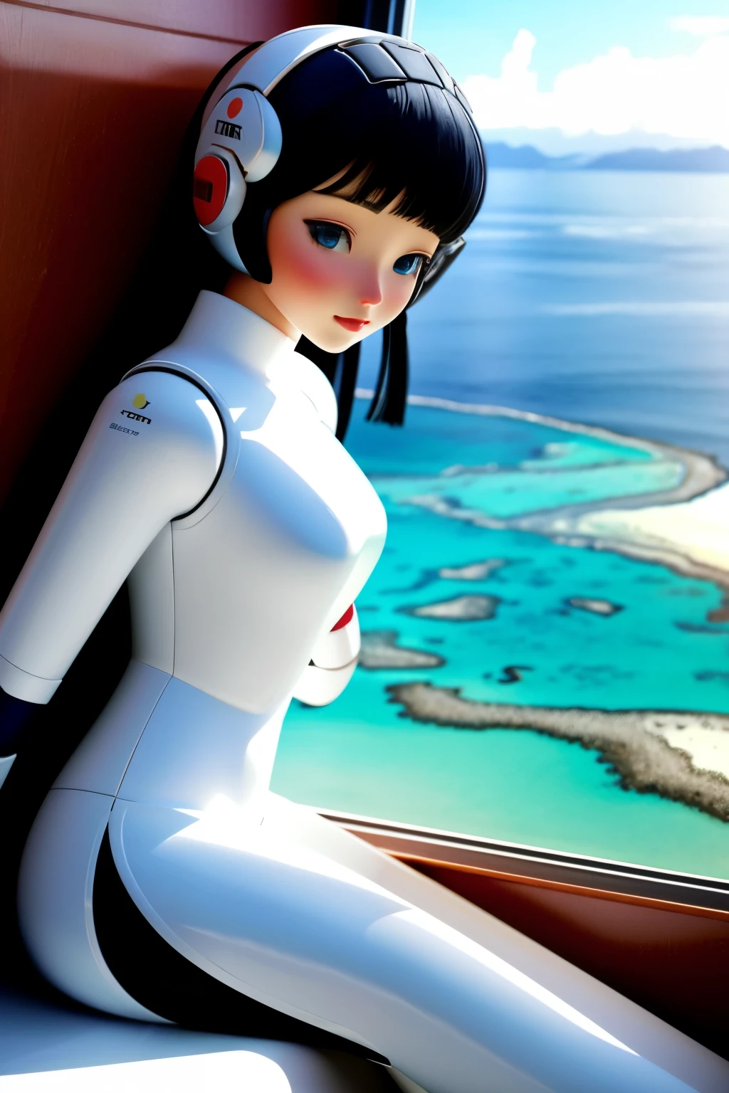 Realistic、Photo of a collaboration between dolls and robots、Comical pose、Photo of the Great Barrier Reef in the background