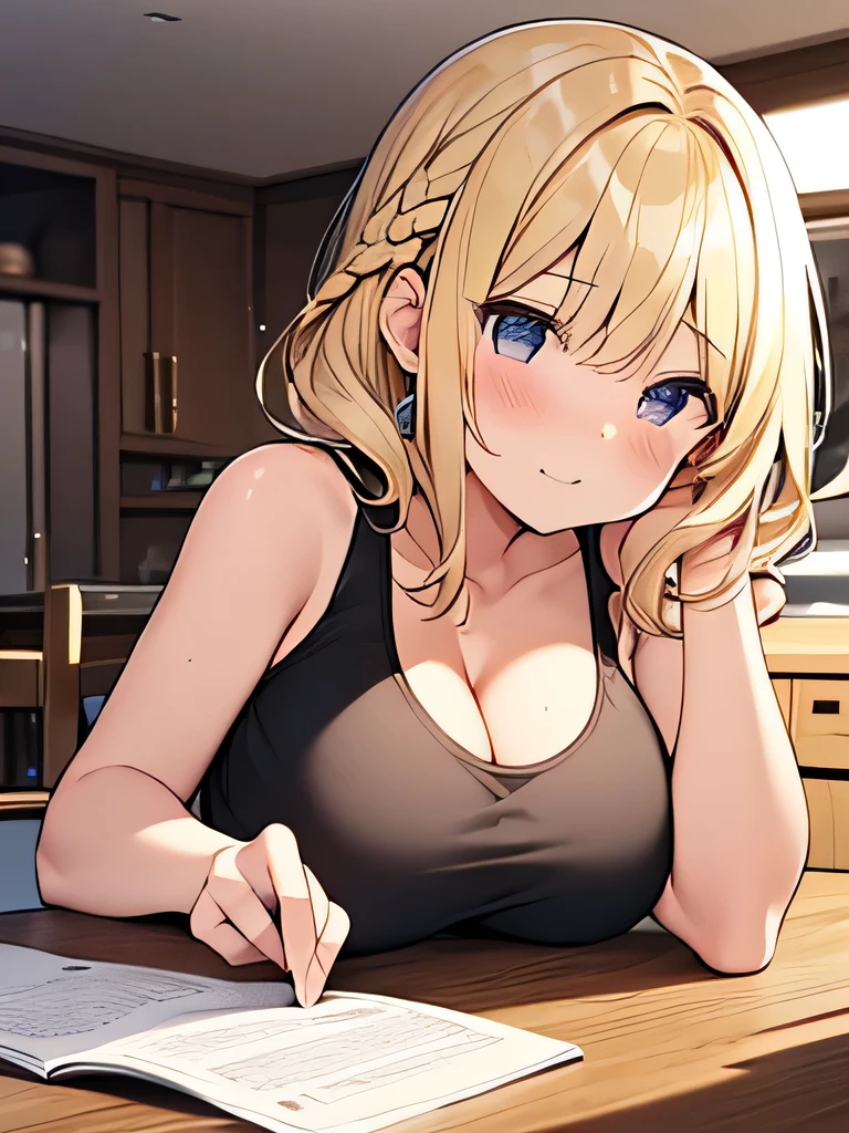 Tabletop, highest quality,figure, wallpaper, Super detailed, Absurd beauty、1 beautiful girl、(Blonde、Medium Hair、Braided hair、Wavy Hair、Ample breasts、Very large breasts)、Casual clothing、Summer clothes ,Black tank top、Shorts、Shyness、blush、Turn over your clothes、Underboob、living room
