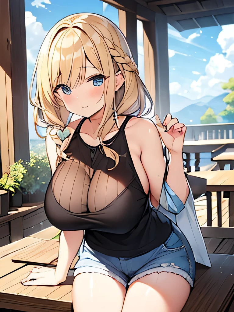 Tabletop, highest quality,figure, wallpaper, Super detailed, Absurd beauty、1 beautiful girl、 （（Cover））、(Blonde、Medium Hair、Braided hair、Wavy Hair、Ample breasts、Very large breasts)、Casual clothing、Summer clothes ,Black tank top、Shorts、Shyness、blush、Amazing blue sky