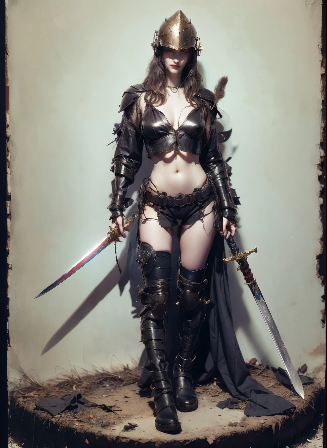Perfect Proportions, Anatomically correct, (Head to Toe: 2.0), (Full body image: 2.0), alone, (Artificial human world: 1.6), highly stylized, Deviant art, masterpiece, Very detailed, fine grain, expressive fine grain, Detailed pupil, Futuristic, ((1950s Fantasy)), ((Pointed helmet)), Rubber Gloss, (Wai Lian Wei:1.4), big boot, Full body image, Full Body Shot, nvInkpunk, professional photograph of alexander_skarsgard, Tassel, big beads, (大きなTassel), cyber punk, Inkpunk, Paint Tray, Ink splash, (Action pose:1.0), ((Holding the Sword)), pale rider, Apocalypse,