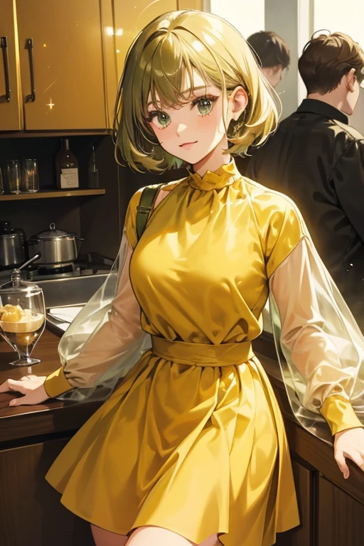 she is an olive green with a mustard. she seems to wear 1970s clothes. SPARKLE; GLITTER