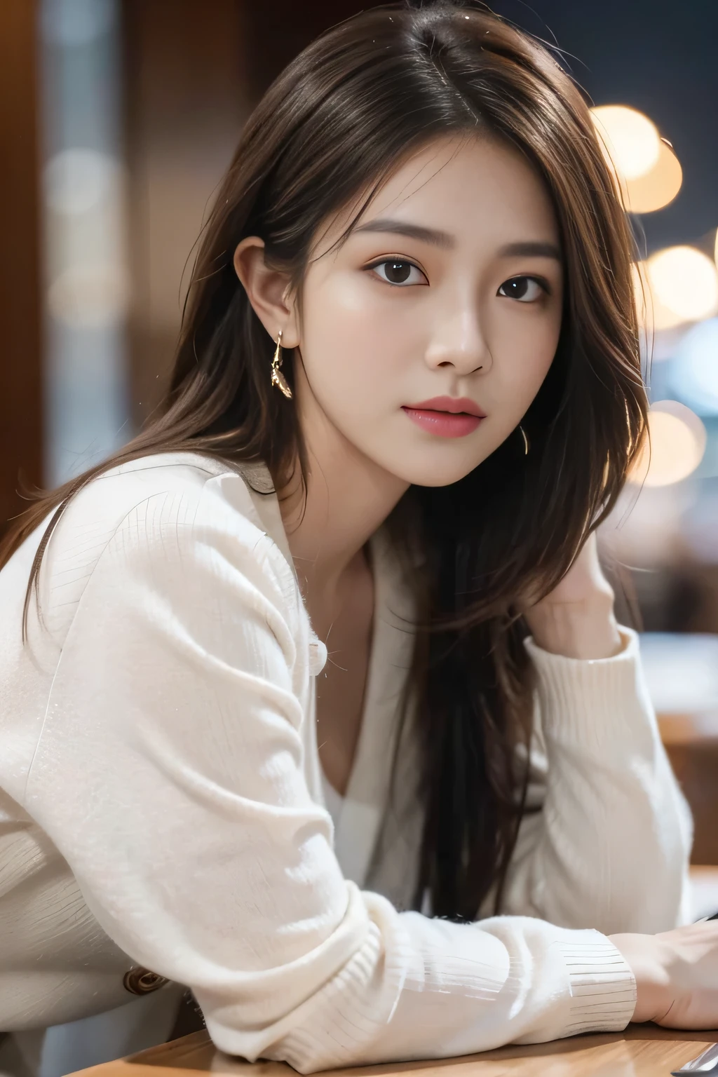 masterpiece, highest quality, Realistic, Very detailed, Finer details, High resolution, 8k wallpaper, One beautiful woman, Wear casual business attire, In a great restaurant, At night, Light brown messy hair, Perfect dynamic composition, Beautiful and beautiful eyes、Big earrings
